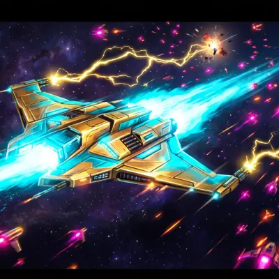 Dark Cosmos key art — a ship in a dogfight through a debris field